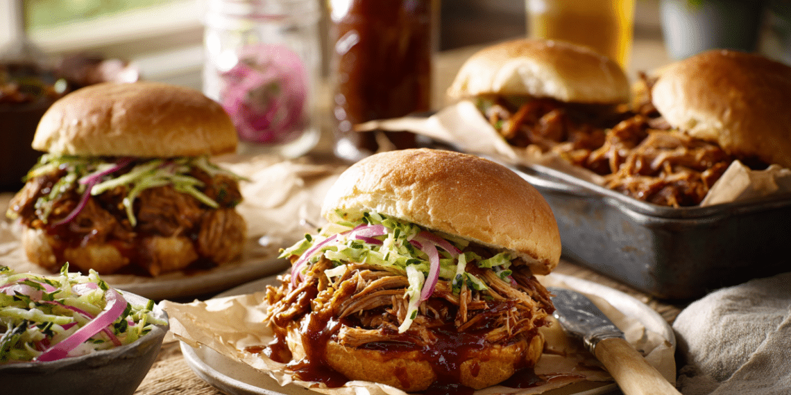 Easy Pulled Pork Sandwich With Apple Slaw And Pickled Onions