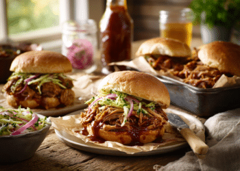 Easy Pulled Pork Sandwich With Apple Slaw And Pickled Onions