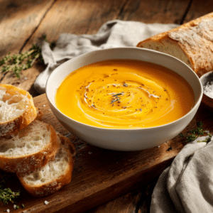 Roasted Pumpkin Soup With Homemade French Bread - Thefoodiebunch Roasted Pumpkin Soup With Homemade French Bread