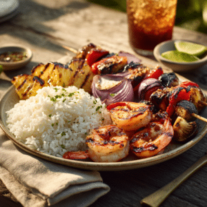 Grilled Shrimp Skewers With Coconut Rice - Thefoodiebunch Grilled Shrimp Skewers With Coconut Rice