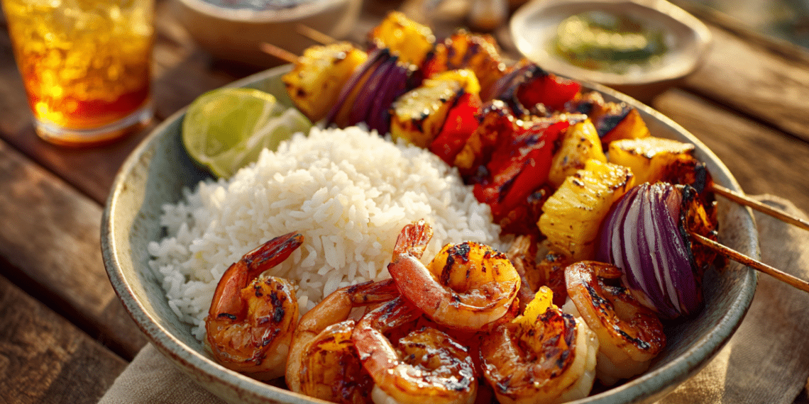 Grilled Shrimp Skewers With Coconut Rice - Thefoodiebunch Grilled Shrimp Skewers With Coconut Rice