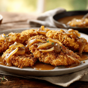 Crunchy Chicken Tenders With Caramelized Onion Gravy