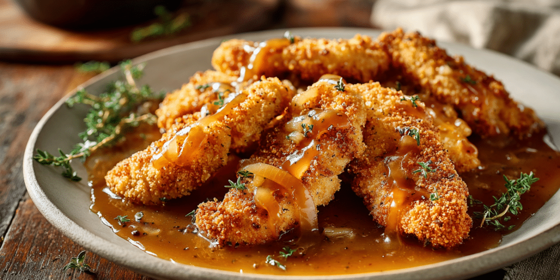 Crunchy Chicken Tenders With Caramelized Onion Gravy