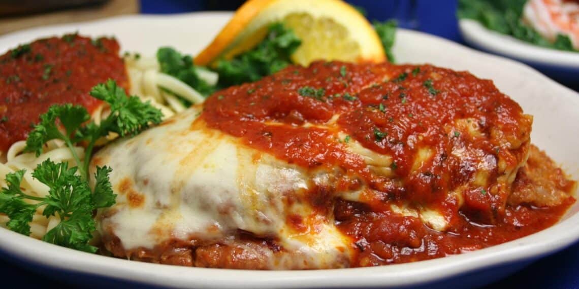 Healthy Chicken Parmesan With Hot Peppers Served With Spaghetti