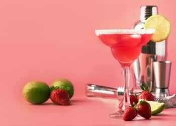 Strawberry Margarita Alcoholic Cocktail With Tequila, Liqueur, Berries, Lime Juic
