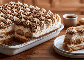 Eggless Tiramisu With Piped Cream Rosettes And Cocoa Dusting In White Dish, Corner Slice On Plate Beside It