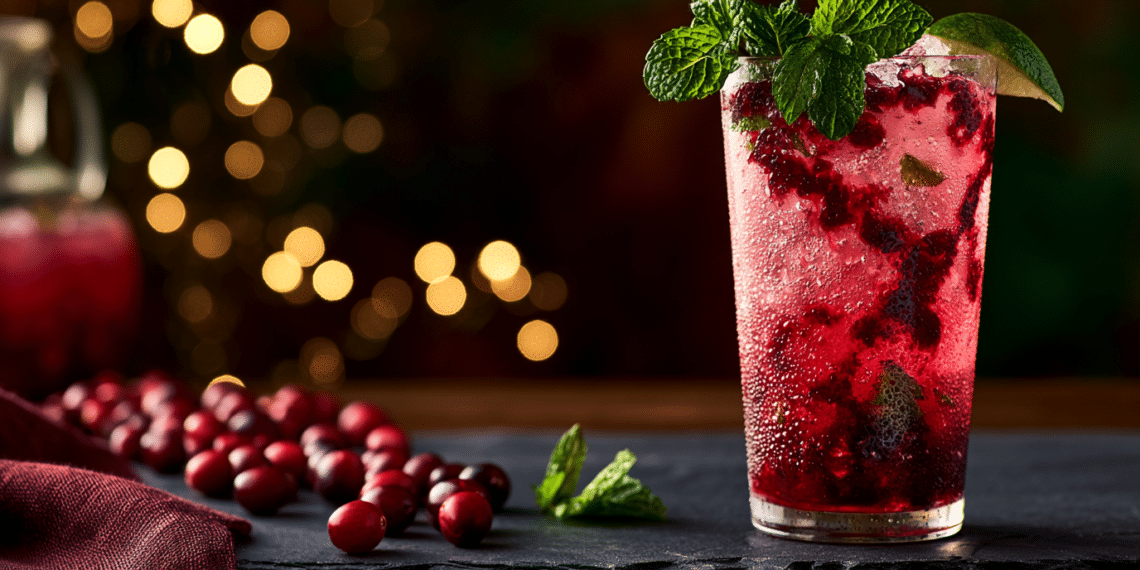 Tall Cranberry Mojito With Ruby-Red Cranberry Sauce Streaks, Fresh Mint, Lime Wedge, And Ice In A Highball Glass