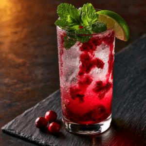 Tall Cranberry Mojito With Ruby-Red Cranberry Sauce Streaks, Fresh Mint, Lime Wedge, And Ice In A Highball Glass
