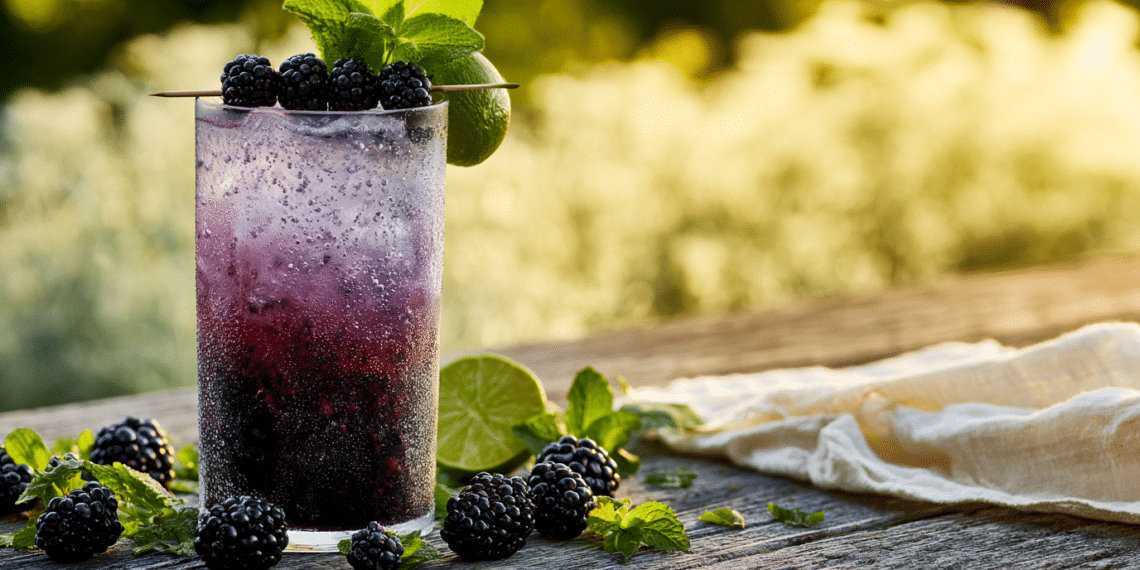 Tall Blackberry Mojito Cocktail With Deep Purple Color, Crushed Ice, Fresh Mint, And Blackberry Garnish