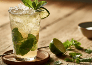 Fresh Mojito In A Tall Highball Glass With Packed Ice, Mint Sprig, And Lime Wheel On A Wooden Table