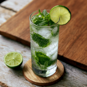 Fresh Mojito In A Tall Highball Glass With Packed Ice, Mint Sprig, And Lime Wheel On A Wooden Table