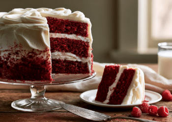 Sliced Four-Layer Red Velvet Cake With White Ermine Frosting On Glass Pedestal Stand With A Plated Wedge