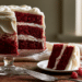 Sliced Four-Layer Red Velvet Cake With White Ermine Frosting On Glass Pedestal Stand With A Plated Wedge
