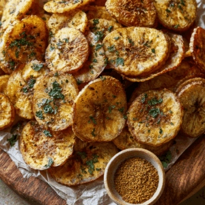 ≪Strong≫Healthy Baked Banana Chips≪/Strong≫ - Thefoodiebunch Golden Crispy Baked Green Banana Chips Dusted With Roasted Cumin And Dried Mint On Parchment And Rustic Wood