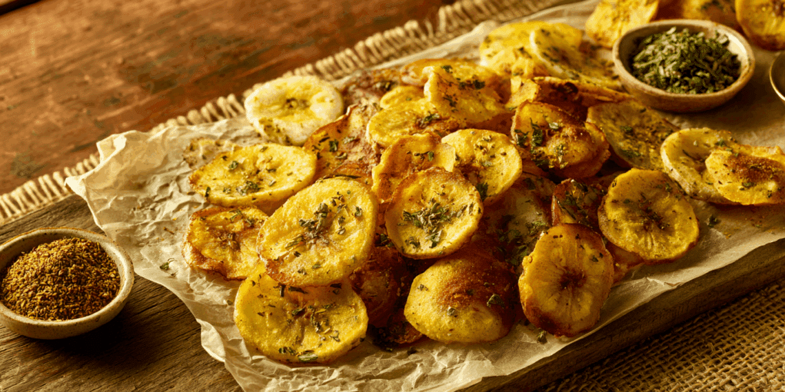 ≪Strong≫Healthy Baked Banana Chips≪/Strong≫ - Thefoodiebunch Golden Crispy Baked Green Banana Chips Dusted With Roasted Cumin And Dried Mint On Parchment And Rustic Wood