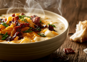 Creamy Baked Potato Soup Topped With Melted Cheddar, Crispy Bacon Crumbles, And Fresh Chives In A Stoneware Bowl