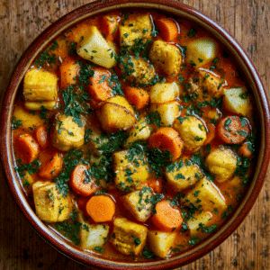 Bowl Of Thick Orange Haitian Pumpkin Soup With Plantain, Carrots, Potatoes, And Fresh Parsley In Earthenware Bowl