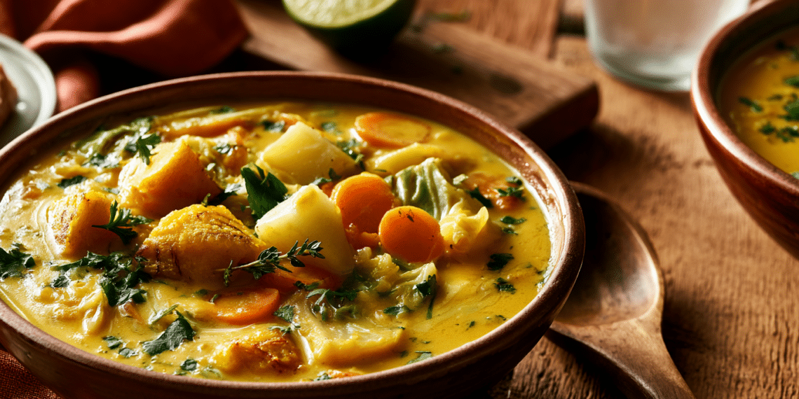 Bowl Of Thick Orange Haitian Pumpkin Soup With Plantain, Carrots, Potatoes, And Fresh Parsley In Earthenware Bowl