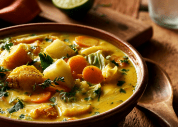 Bowl Of Thick Orange Haitian Pumpkin Soup With Plantain, Carrots, Potatoes, And Fresh Parsley In Earthenware Bowl