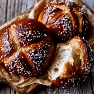 Six Glossy Mahogany-Brown Pretzel Rolls With Coarse Salt On Parchment Paper And Rustic Wooden Board