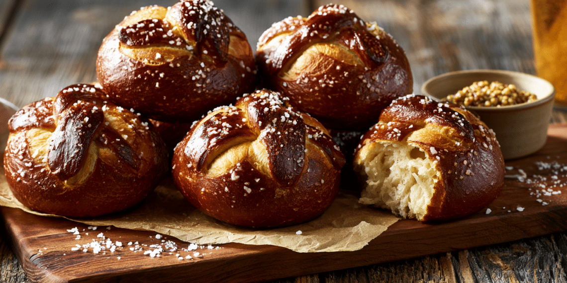 Six Glossy Mahogany-Brown Pretzel Rolls With Coarse Salt On Parchment Paper And Rustic Wooden Board