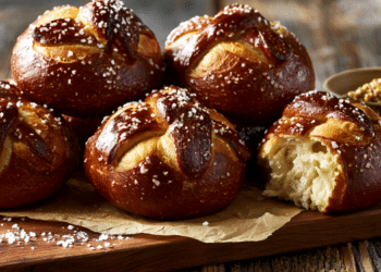 Six Glossy Mahogany-Brown Pretzel Rolls With Coarse Salt On Parchment Paper And Rustic Wooden Board