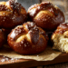 Six Glossy Mahogany-Brown Pretzel Rolls With Coarse Salt On Parchment Paper And Rustic Wooden Board