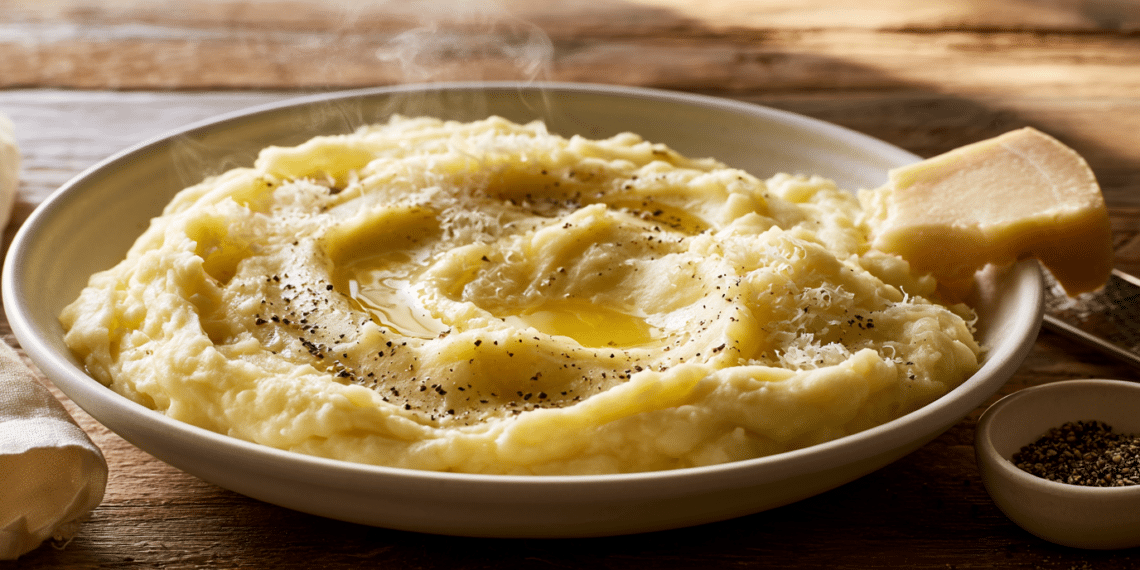 Super Creamy Mashed Potatoes - Thefoodiebunch Creamy Mashed Potatoes Topped With Melted Butter, Black Pepper, And Grated Pecorino Romano In A White Bowl