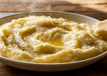 Creamy Mashed Potatoes Topped With Melted Butter, Black Pepper, And Grated Pecorino Romano In A White Bowl