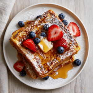 Golden Brown French Toast Stack Dusted With Powdered Sugar, Fresh Berries, And Maple Syrup On A White Plate