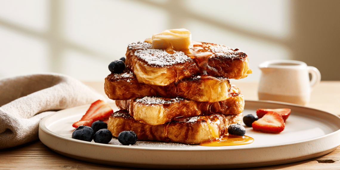 Golden Brown French Toast Stack Dusted With Powdered Sugar, Fresh Berries, And Maple Syrup On A White Plate