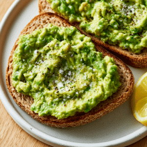 Two Slices Of Mashed Avocado Toast On Whole Grain Bread With Black Pepper And Salt On A White Plate