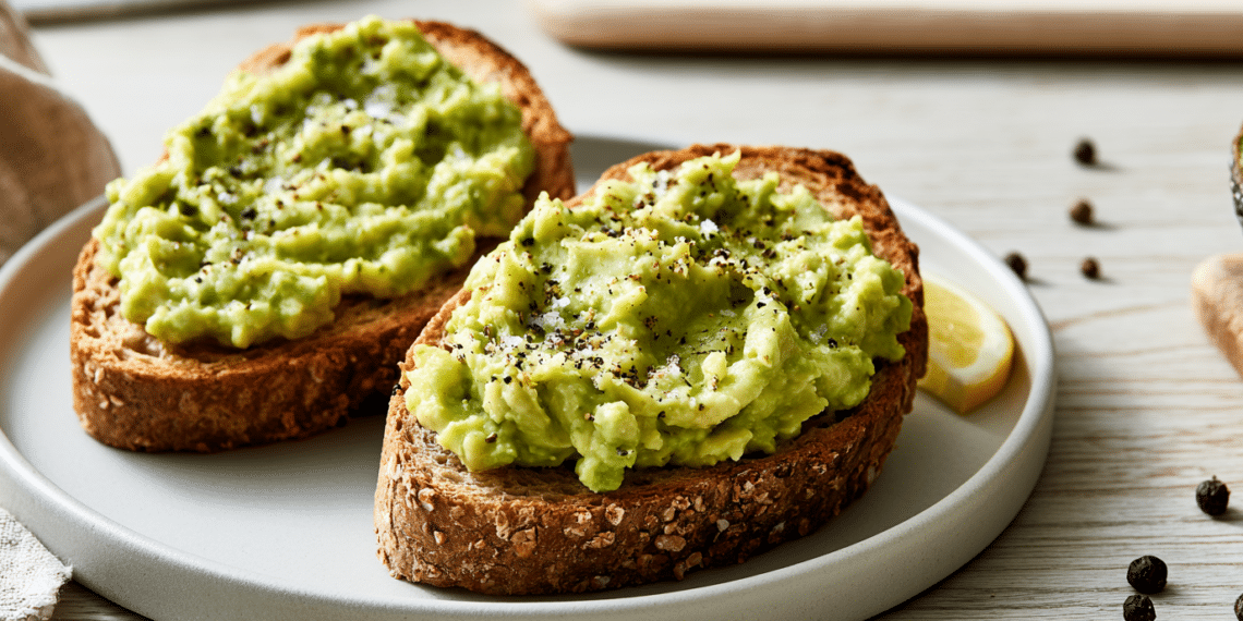 Two Slices Of Mashed Avocado Toast On Whole Grain Bread With Black Pepper And Salt On A White Plate