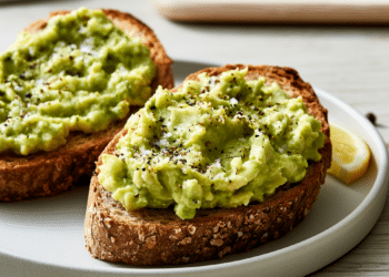 Two Slices Of Mashed Avocado Toast On Whole Grain Bread With Black Pepper And Salt On A White Plate
