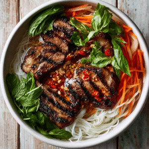 Vietnamese Grilled Pork Vermicelli Bowl With Fresh Herbs, Pickled Vegetables, Crushed Peanuts, And Nước Chấm