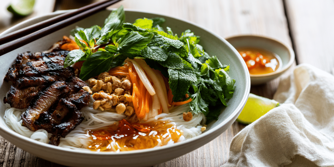 Vietnamese Grilled Pork Vermicelli Bowl With Fresh Herbs, Pickled Vegetables, Crushed Peanuts, And Nước Chấm