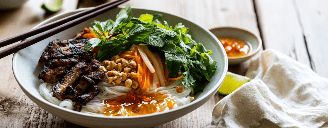 Vietnamese Grilled Pork Vermicelli Bowl With Fresh Herbs, Pickled Vegetables, Crushed Peanuts, And Nước Chấm