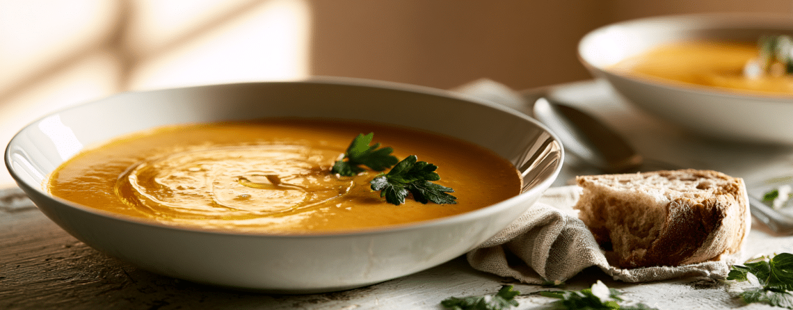 Golden-Orange Creamy Fennel Carrot Soup In A White Bowl With Olive Oil Swirl And Fresh Parsley Garnish