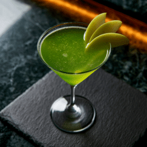 Vivid Green Appletini In A V-Shaped Martini Glass Garnished With Granny Smith Apple Slices On Dark Marble