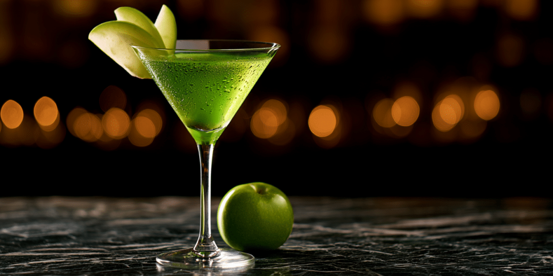 Vivid Green Appletini In A V-Shaped Martini Glass Garnished With Granny Smith Apple Slices On Dark Marble