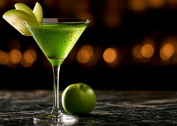 Vivid Green Appletini In A V-Shaped Martini Glass Garnished With Granny Smith Apple Slices On Dark Marble
