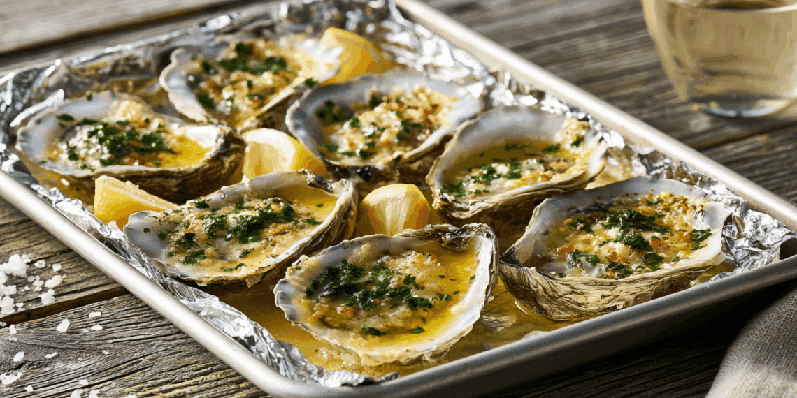 Six Baked Oysters On Half Shells With Golden Garlic Butter And Parsley On A Foil-Lined Baking Sheet