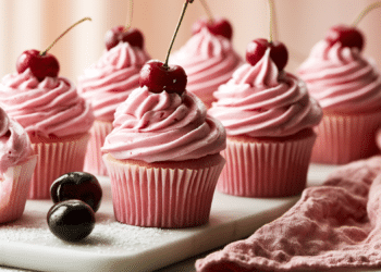 Pink-Swirled Buttercream Cupcakes Topped With Fresh Black Cherries On A White Marble Board