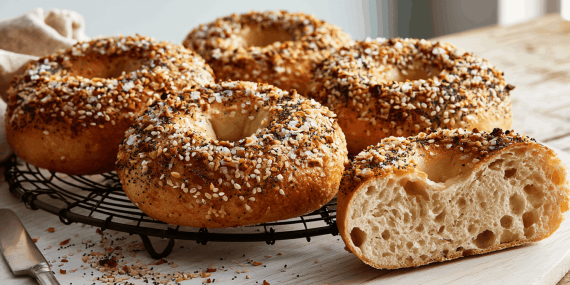 Simple Everything Bagel Recipe - Thefoodiebunch Golden Everything Bagels With Sesame Poppy Seeds And Coarse Salt On A Black Wire Cooling Rack