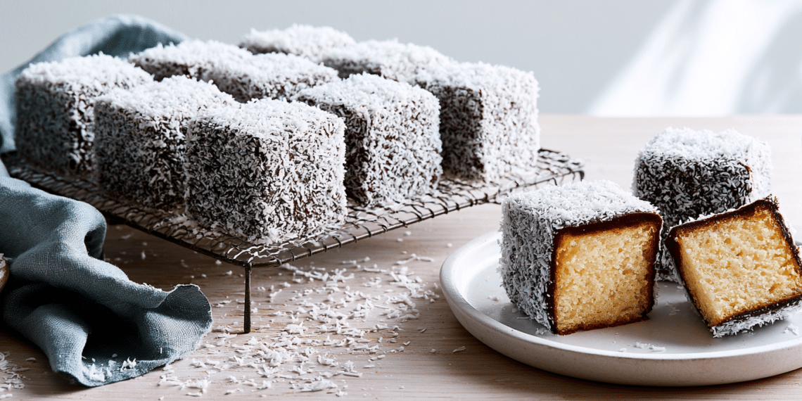 Classic Australian Lamington Recipe For A Delicious Dessert - Thefoodiebunch Coconut-Coated Chocolate Lamingtons On A Wire Rack And White Plate, One Halved Showing Golden Sponge Inside