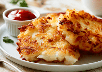 Golden Crispy Hash Brown Patties On A White Plate With One Broken Open Showing Fluffy Interior