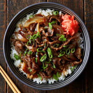Beef Gyudon With Glossy Soy-Glazed Beef And Onions Over Steamed Rice In A Dark Donburi Bowl With Scallions