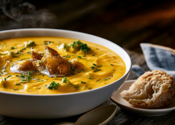 Creamy Broccoli Cheddar Soup With Croutons And Chives In A White Bowl On A Dark Wood Table