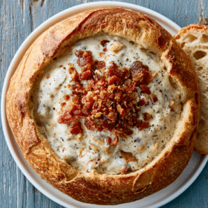 Hearty New England Clam Chowder Served In Homemade Bread Bowls - Thefoodiebunch New England Clam Chowder In Bread Bowls