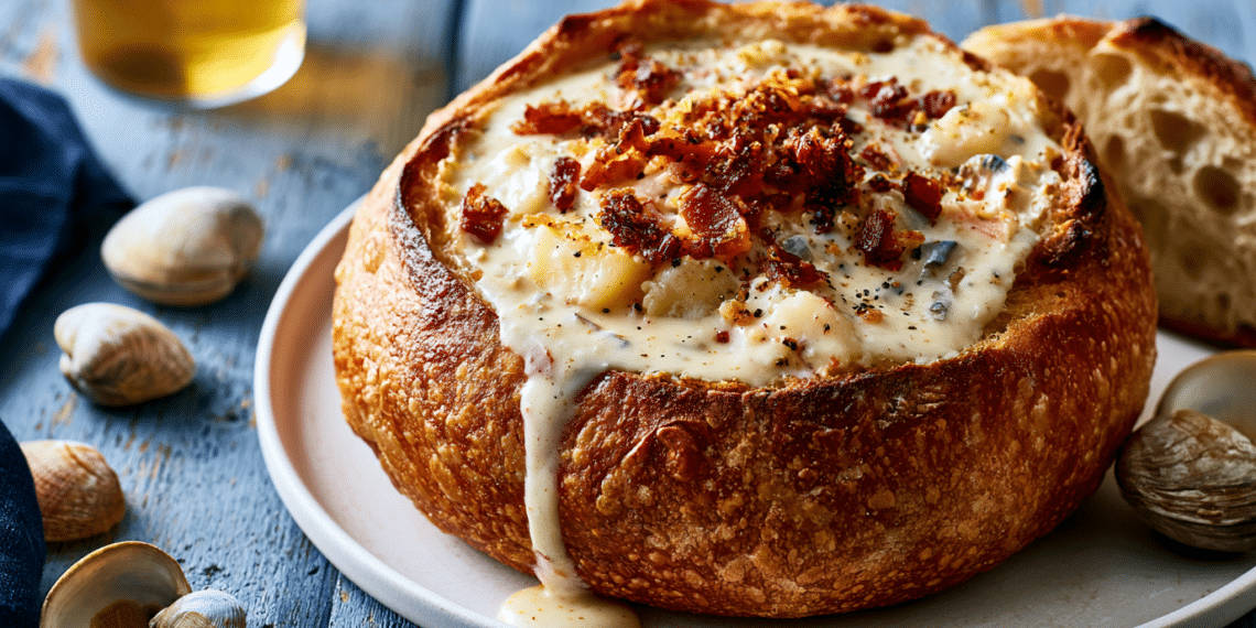 Hearty New England Clam Chowder Served In Homemade Bread Bowls - Thefoodiebunch New England Clam Chowder In Bread Bowls